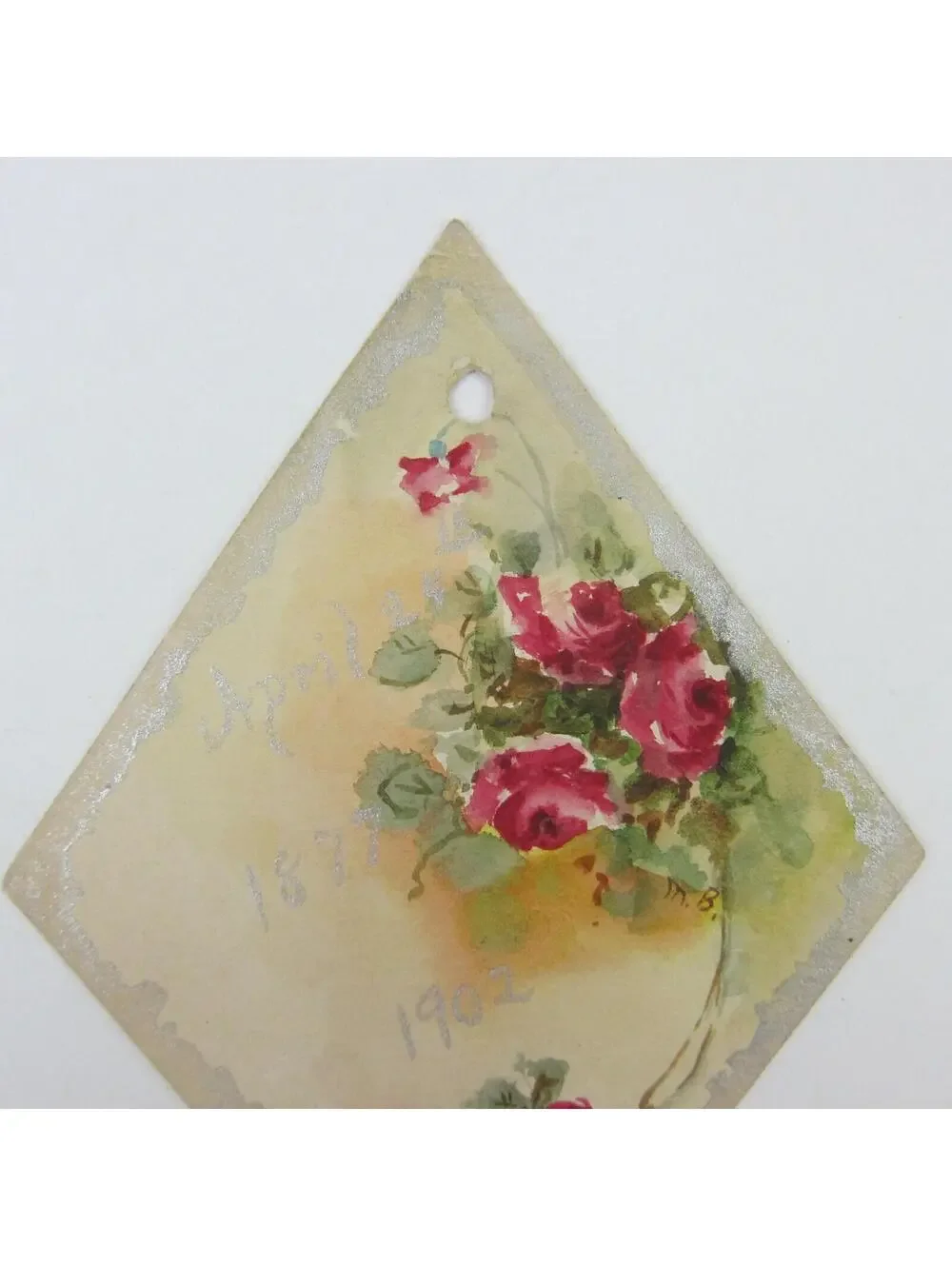 Victorian Card Watercolor Red Roses Flowers Green Leaves Silver Trim Antique